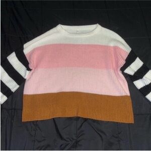 Wishlist Colorblock Striped Crewneck Sweater - Pink, White, Brown, Black